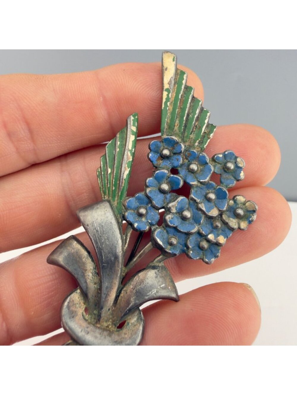 Vintage Pot Metal Brooch Flower Enamel Forget Me Not Pin Floral Bouquet 1940s
